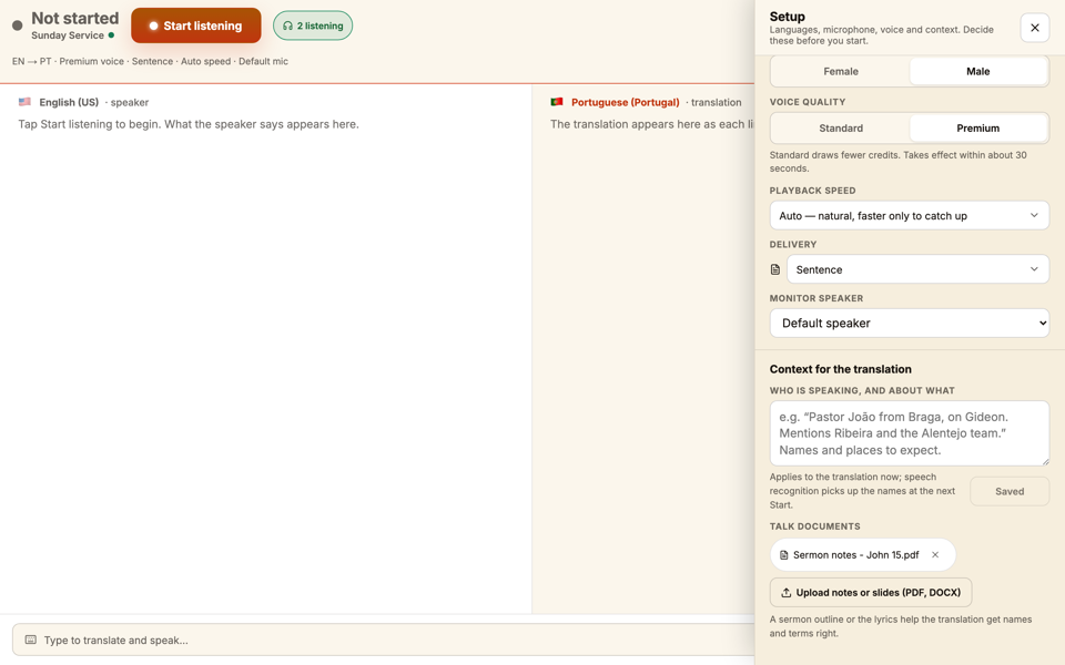 The document-upload panel with a sermon-notes file attached.