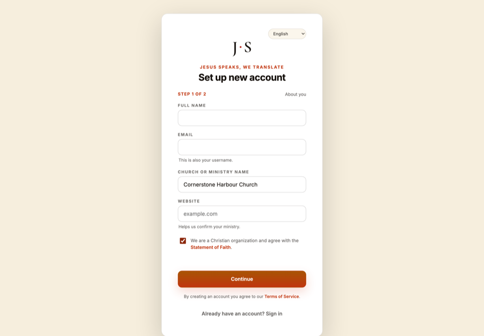 The sign-up form with the church name field and the Statement of Faith checkbox highlighted.