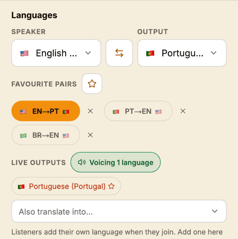 The language-pair selector with a row of saved favorite pairs above it.