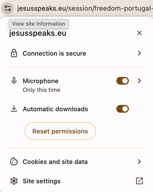 Chrome's site-permissions popover with the microphone set to Allow.
