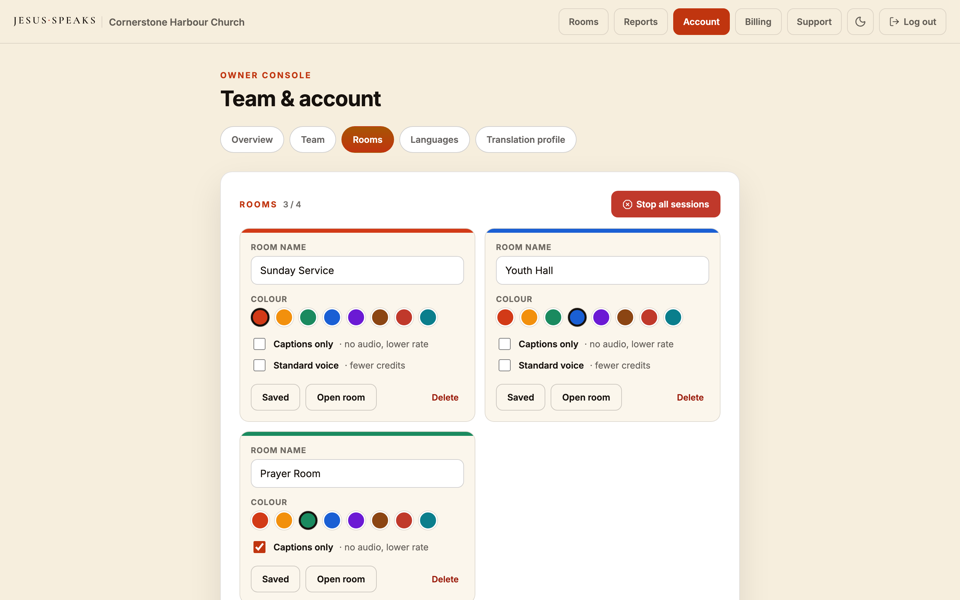 The room configuration screen with name, accent color, and the text-only toggle.