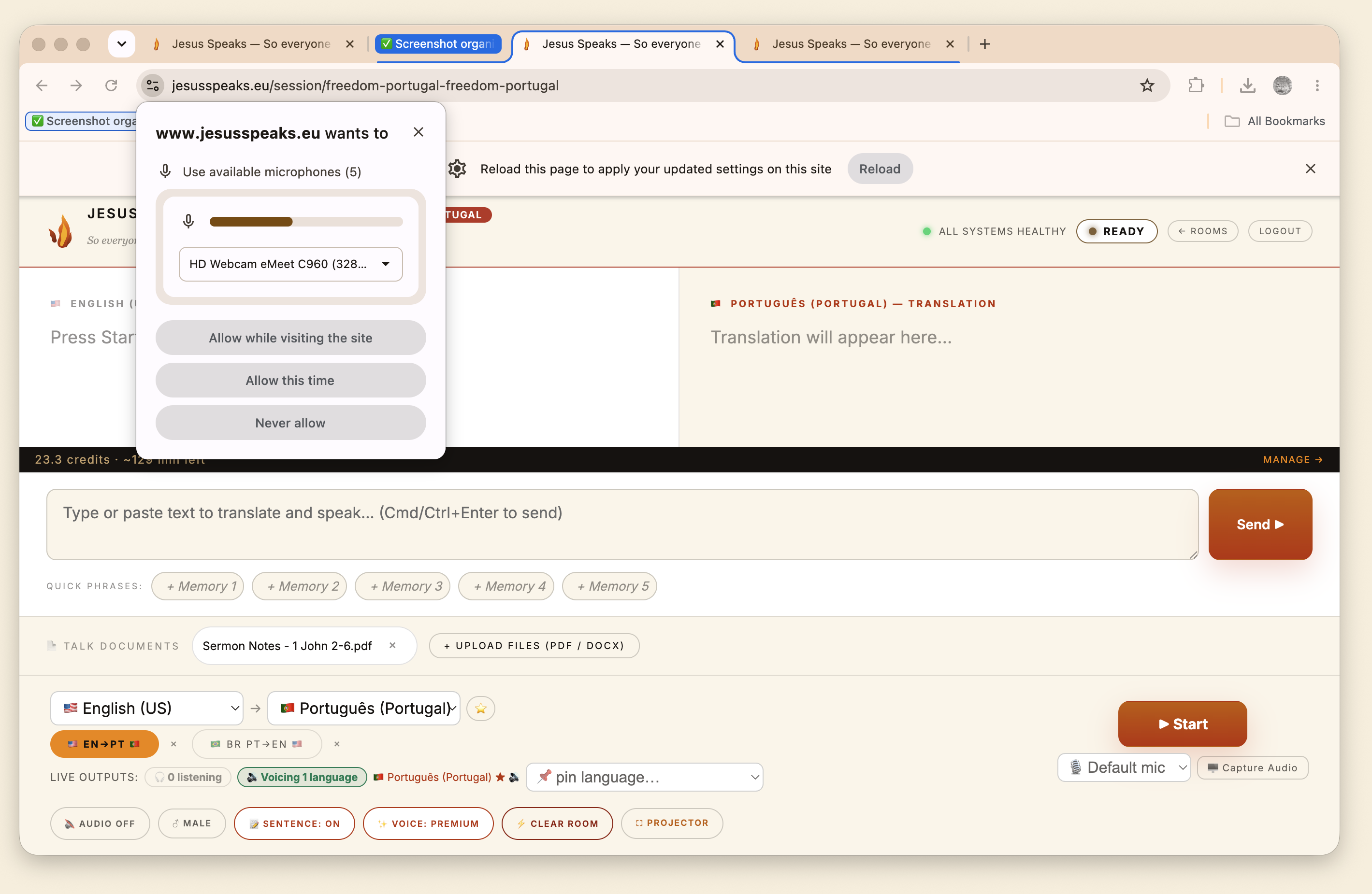 The Start / Stop control with the browser's microphone-permission prompt overlaid.