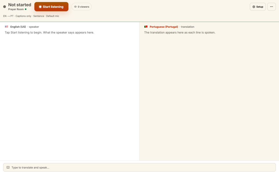 A room set to text-only, showing captions and no audio controls.