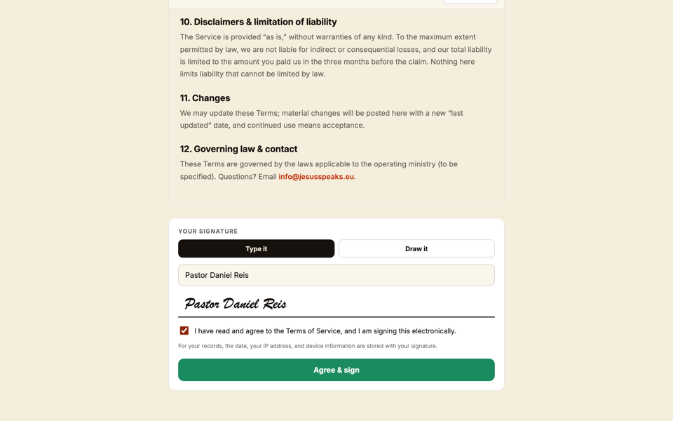 The Terms dialog with the scroll-to-bottom checkbox and the now-active Sign button.