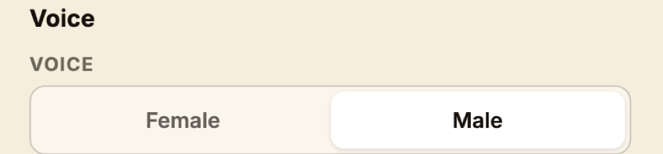 The male / female voice-gender toggle on the operator footer.