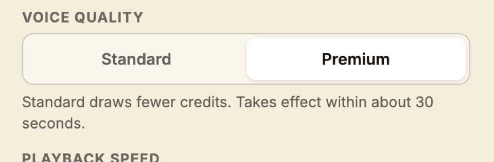 The voice-quality toggle on the operator footer set to Premium.