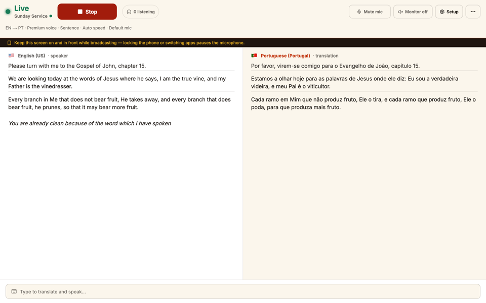 The operator screen mid-service: live transcript on the left, translated text on the right, listener count along the top.